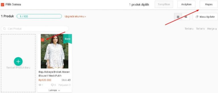 cara hapus produk di shopee